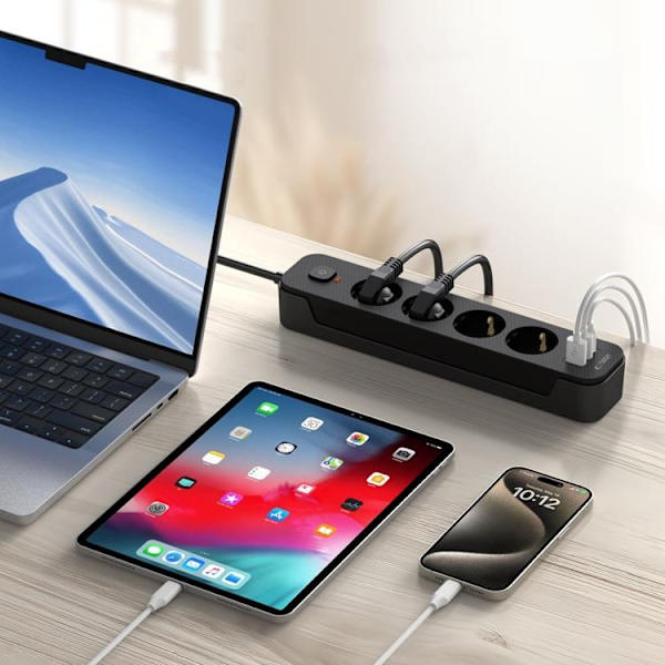 Tech-Protect Strømstik 2x USB/USB-C/4 Stik 200Ccm - Sort Svart