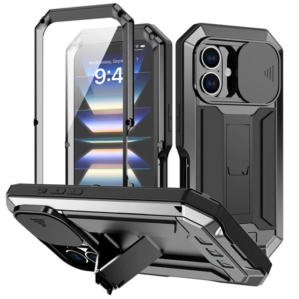 R-JUST Mobilskal till iPhone 16 Plus Kickstand Silikon+Metal+PC Svart