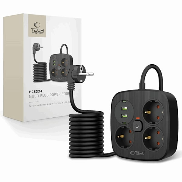 Tech-Protect Grenuttag PCS3X4 2 USB & 2 Typ-C & 3 Socket 2m Svart