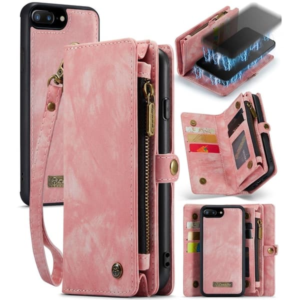 CASEME 008 Vintage Äkta läder Plånboksfodral för iPhone 8 Plus - Rosa