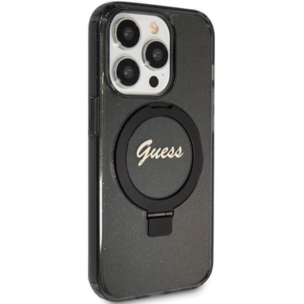 Guess iPhone 15 Pro Mobilskal Magsafe Ringställ Script Glitter Black