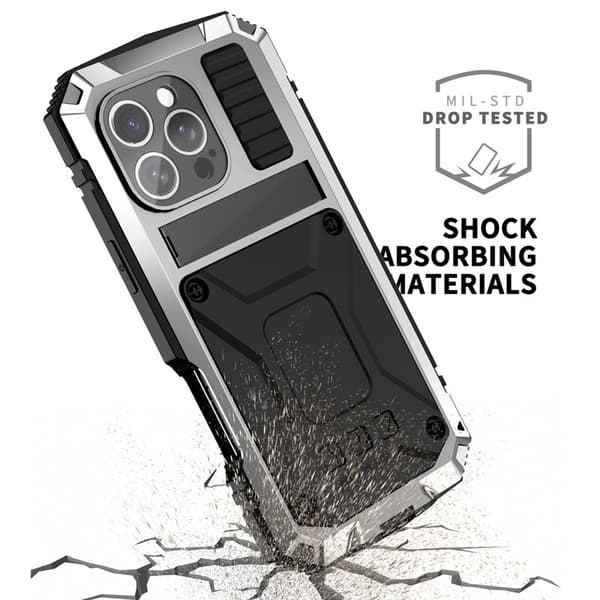 R-JUST Mobilskal till iPhone 16 Pro PC+Silicone+Metal Ställ Silver