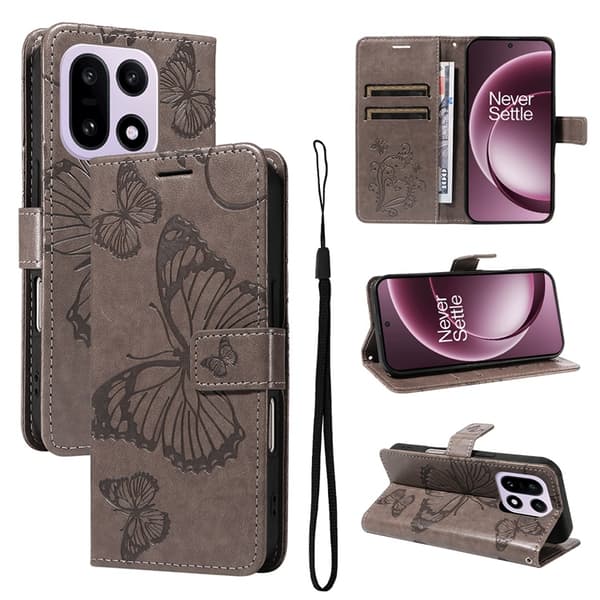OnePlus 15 5G Konstläder Plånboksfodral Floral Butterfly Imprinted Grå