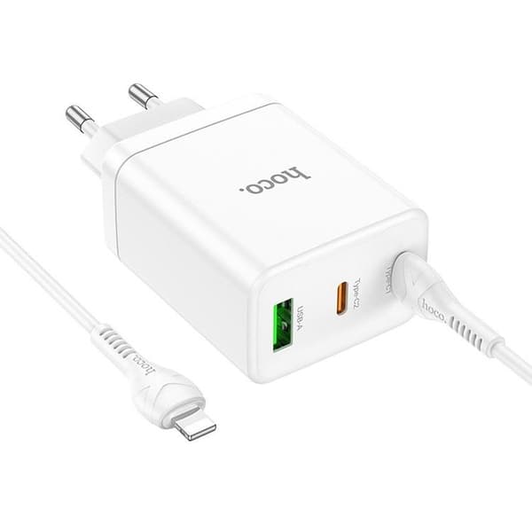 Hoco Vægoplader 35W 2xType C - USB A med Type-C til Lightning-kabel 1m Vit