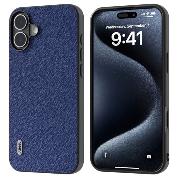 ABEEL Mobilskal till iPhone 16 Plus Litchi Textur Äkta Läder Blå