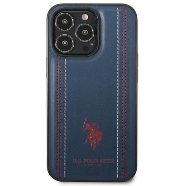 US Polo iPhone 14 Pro -kotelo nahkaompeleella - tummansininen Blå