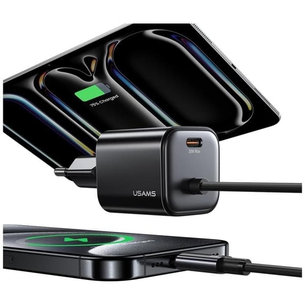USAMS Hurtigoplader 30W 2xUSB-C GaN Mini JC - Sort Svart