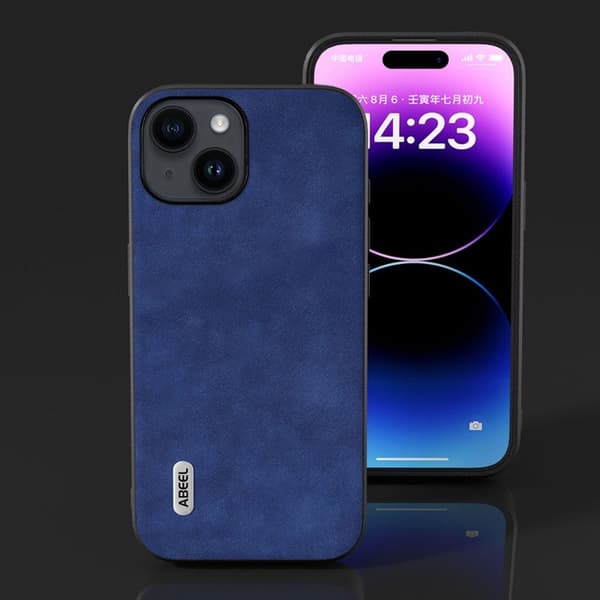 ABEEL Mobilskal till iPhone 15 Plus Texturerad PU Läder Ultra Tunn Blå