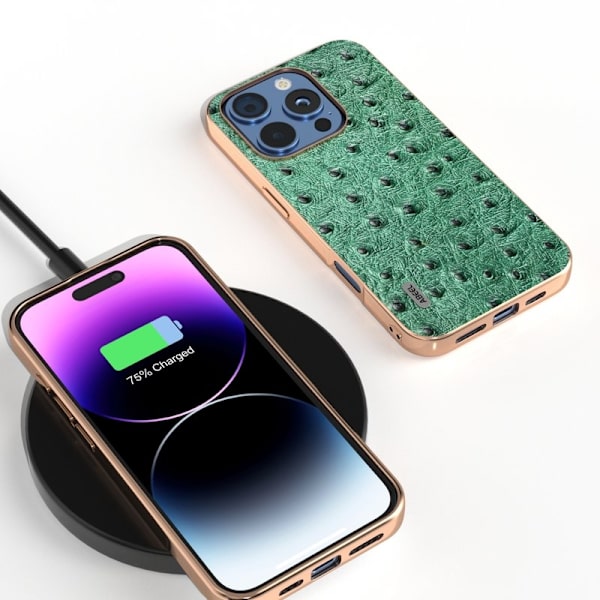 ABEEL Mobilskal till iPhone 16 Pro Electroplating Grön Äkta Läder