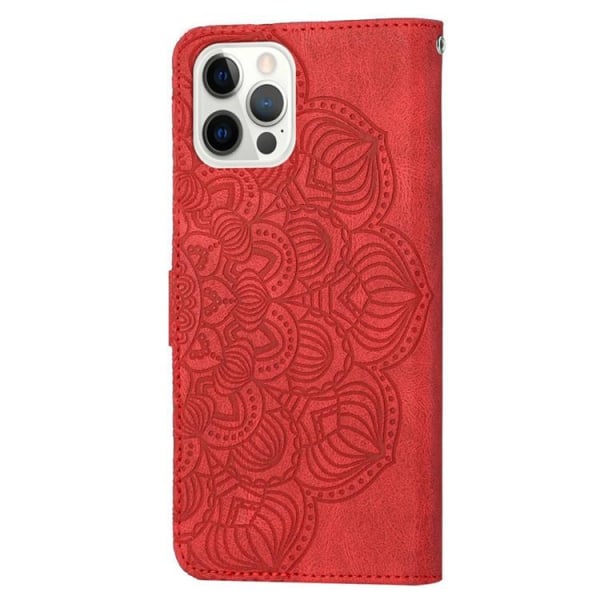 iPhone 14 Pro Max Plånboksfodral Mandala Flower - Röd