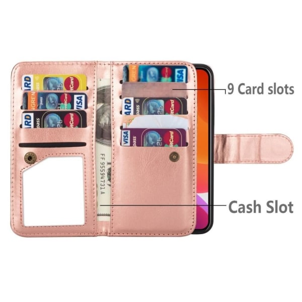 2-i-1 iPhone 13 mini tegnebog etui 9 kortpladser - rosa guld