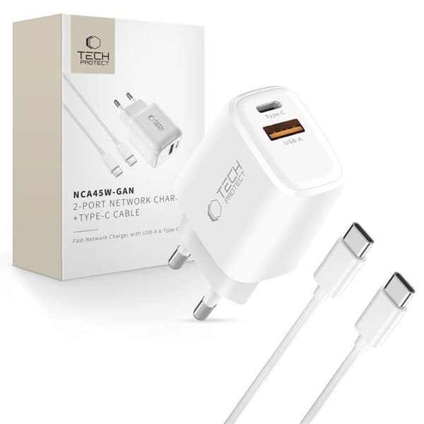 Tech-Protect 2-Port hurtigoplader 45W QC3.0 NCA45W-GAN med kabel Vit