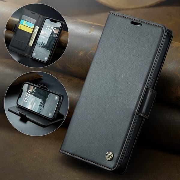 CASEME Plånboksfodral Konstläder för iPhone 16e RFID-Skydd Svart