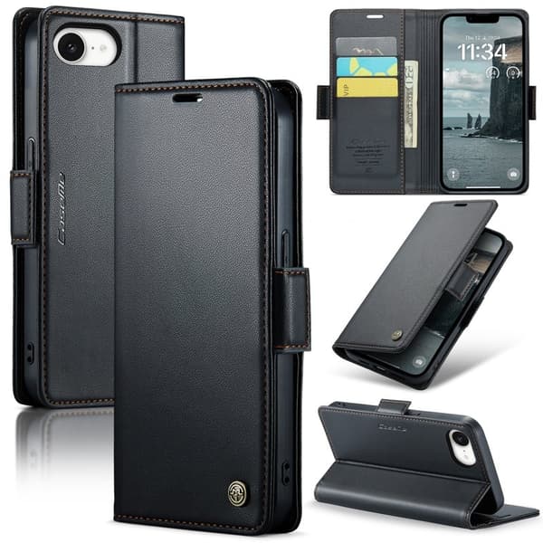 CASEME Plånboksfodral Konstläder för iPhone 16e RFID-Skydd Svart