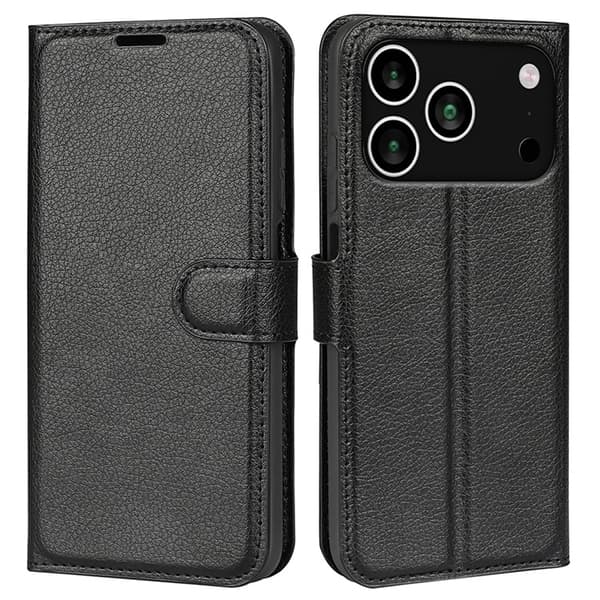 iPhone 17 Pro Max Plånboksfodral Litchi Texture läder - Svart Svart