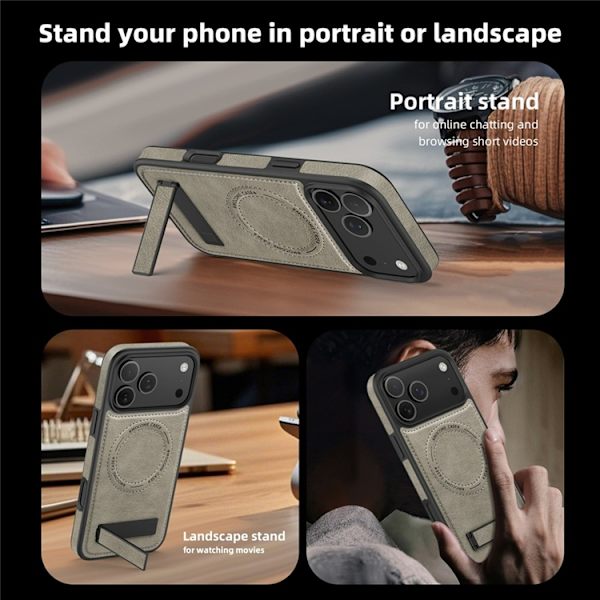 Mobilskal till iPhone 17 Pro MagSafe Kickstand Läder - Grå Grå