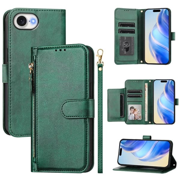 iPhone 16e Plånboksfodral Zipper Pocket Läder - Grön Grön