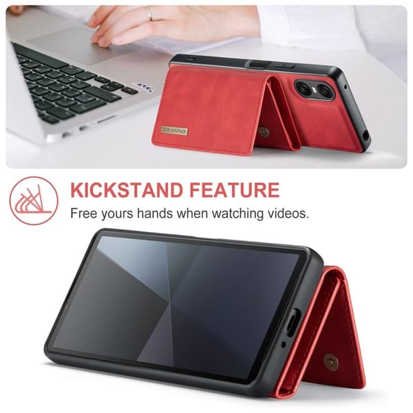DG.MING Sony Xperia 10 VI Kickstand Konstläder Plånboksfodral Röd