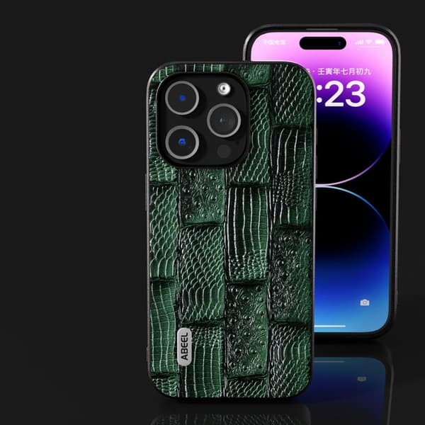 ABEEL Mobilskal till iPhone 15 Pro Mahjong Textur Grön äkta läder