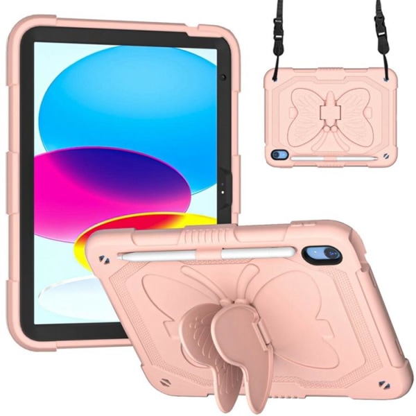 iPad 10.9 (2022) Case Butterfly Hybrid olkahihnalla - vaaleanpunainen