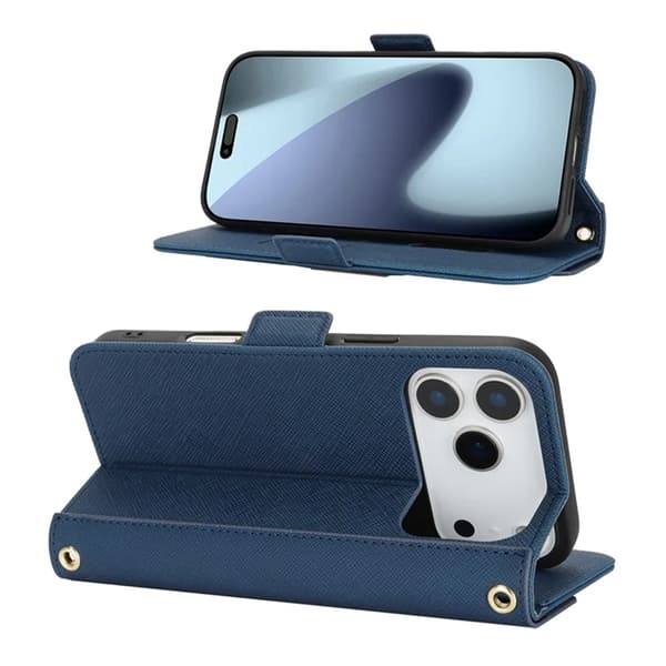 iPhone 17 Pro Konstläder Plånboksfodral Cross Texture med Axelrem - Blå Blå
