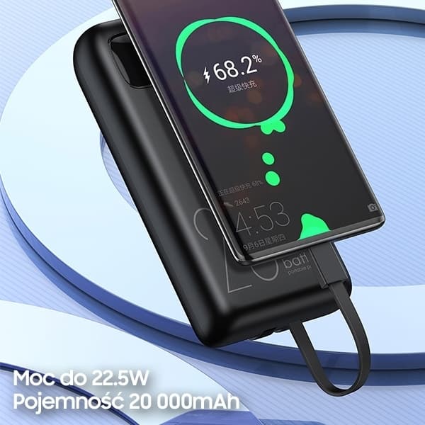 Awei Powerbank 20000mAh 22.5W m/USB-C/Lightning Kabel - Sort Black