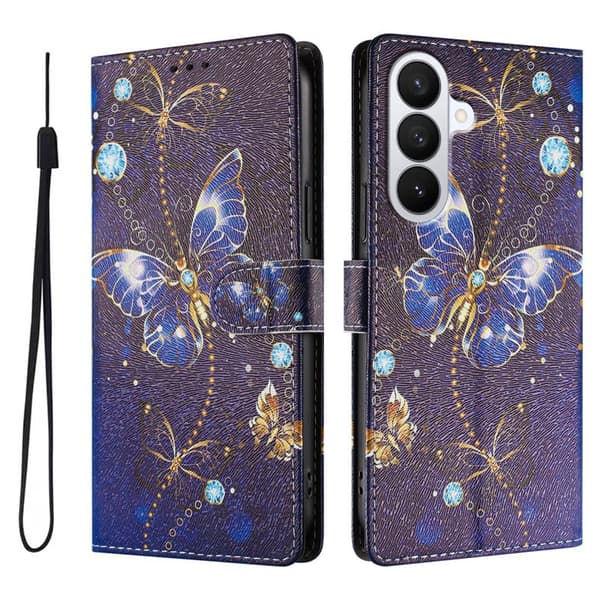 Plånboksfodral för Samsung Galaxy S26 Plus Konstläder med handledsrem Blå fjäril