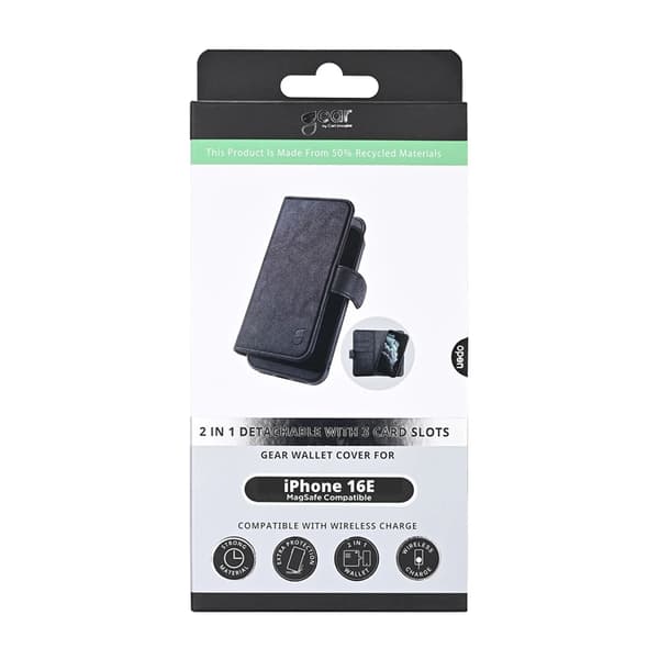 Gear iPhone 16e Plånboksfodral MagSafe 2in1 3 Kort - Svart Svart