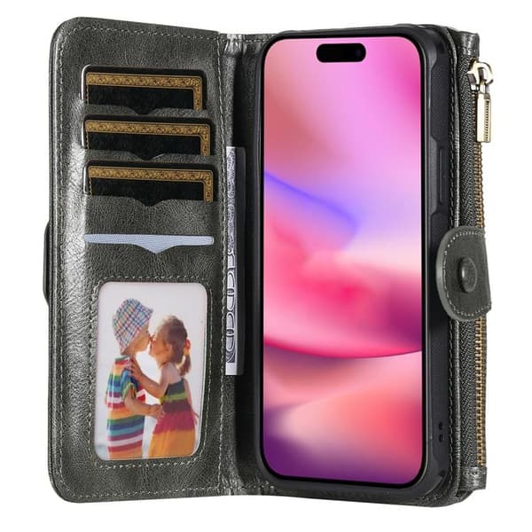 iPhone 17 Konstläder Plånboksfodral Detachable Zipper - Grön Grön
