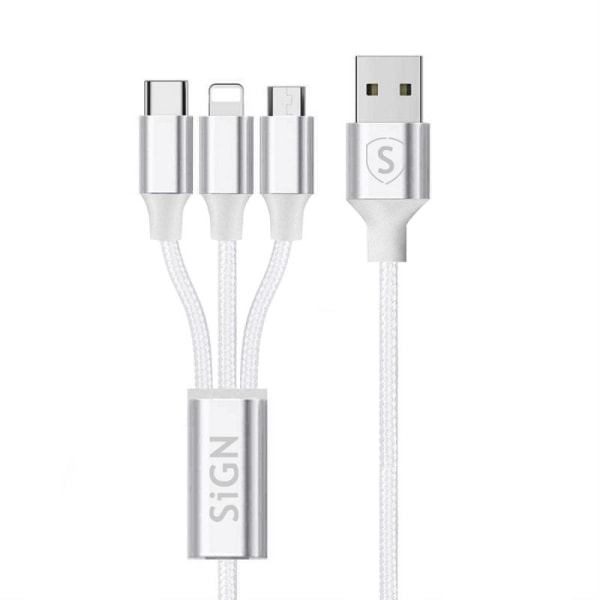 3in1-kaapeli 0,25 m - Lightning, USB-C, Micro-USB 5V, 3A - valkoinen