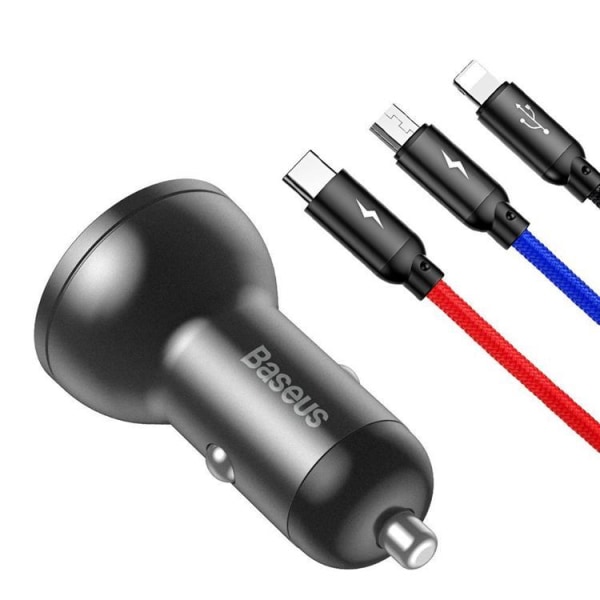 Baseus Billaddare 24W 3in1 microUSB-C Lightning Kabel 1.2m - Svart