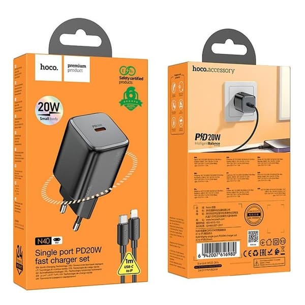 Hoco Väggladdare 20W Type C + Kable USB-C till Lightning Kabel 1m - Svart Svart