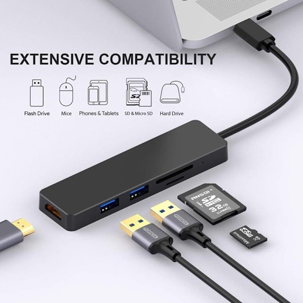 SiGN 5-i-1 USB-C-adapter HDMI 4K MicroSD, max 15W, 5V, 3A - Svart