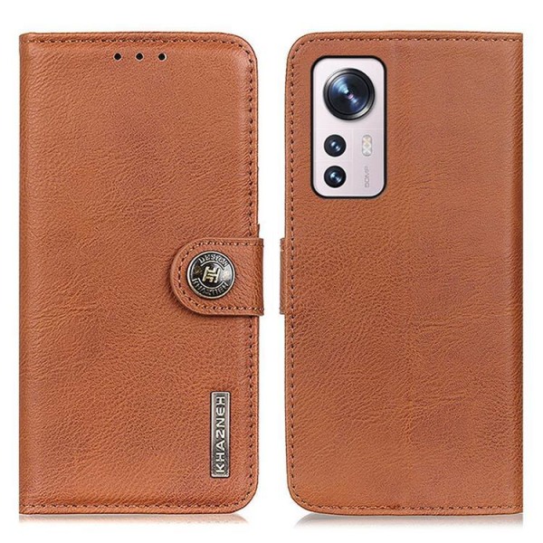 KHAZNEH kuvioitu PU-nahkainen lompakkokotelo Xiaomi 12 Pro - ruskea