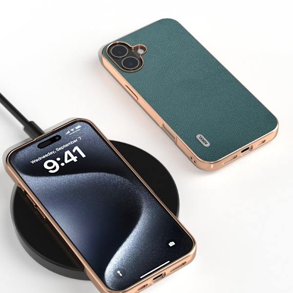 ABEEL Mobilskal till iPhone 16 Plus Electroplating Äkta Läder - Grön