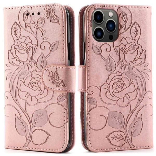 iPhone 14 Pro Max Wallet Case Imprinted Roses - Pink