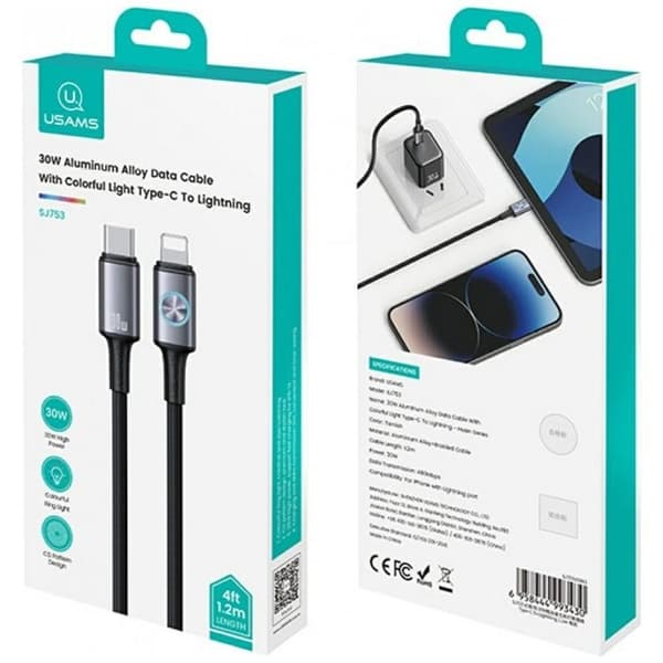 USAMS USB-C til lynkabel 30W 1.2m Huan - plettet Svart