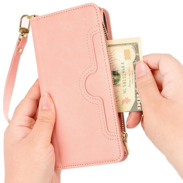 Galaxy Z Fold 4 Wallet Case vetoketjullinen magneetti - vaaleanpunainen