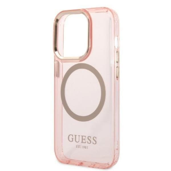 GUESS iPhone 14 Pro Skal MagSafe Gold Outline Translucent - Rosa Rosa