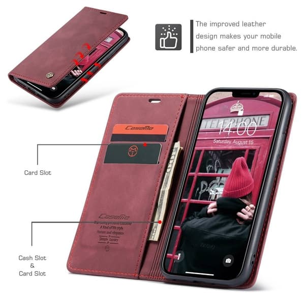 CASEME 013 Flip Konstläderplånboksfodral till iPhone 11 - Vinröd