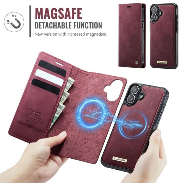 CASEME C49 Mobilskal till iPhone 16 MagSafe RFID Blocker Läder Röd