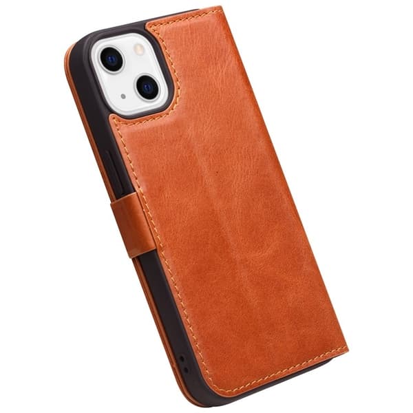 QIALINO iPhone 13 Mini Plånboksfodral Äkta Läder Flip Folio Brun