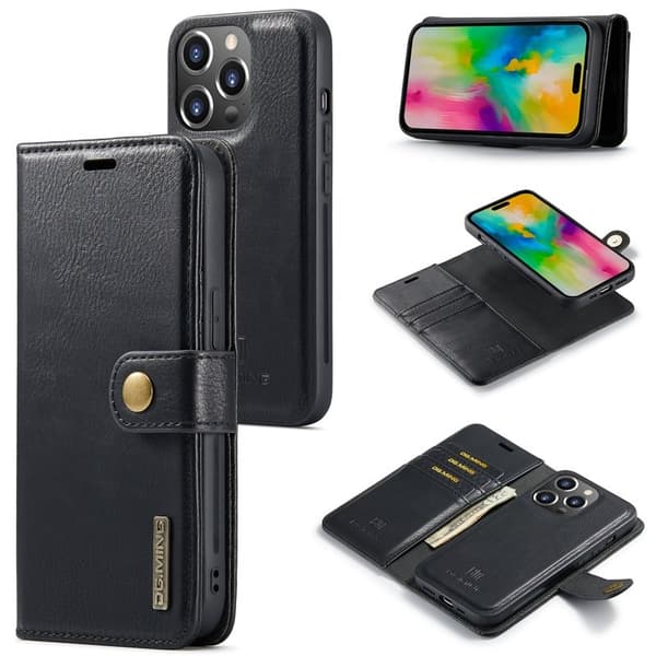 DG.MING iPhone 16 Pro Max Plånboksfodral Äkta Läder Avtagbart - Svart