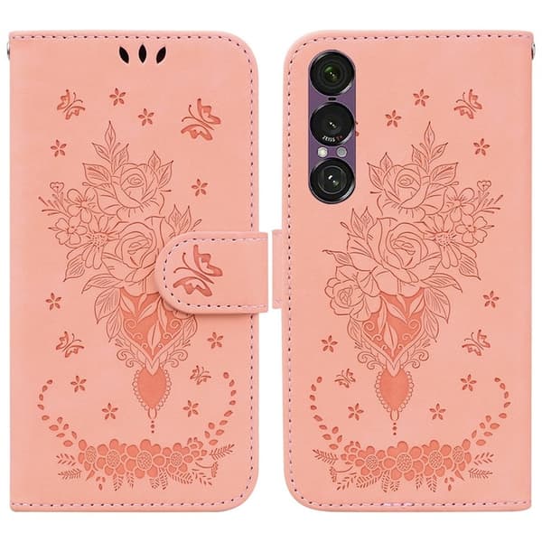 Sony Xperia 1 VII Konstläder Plånboksfodral Butterfly och Flower Pattern - Rosa Rosa