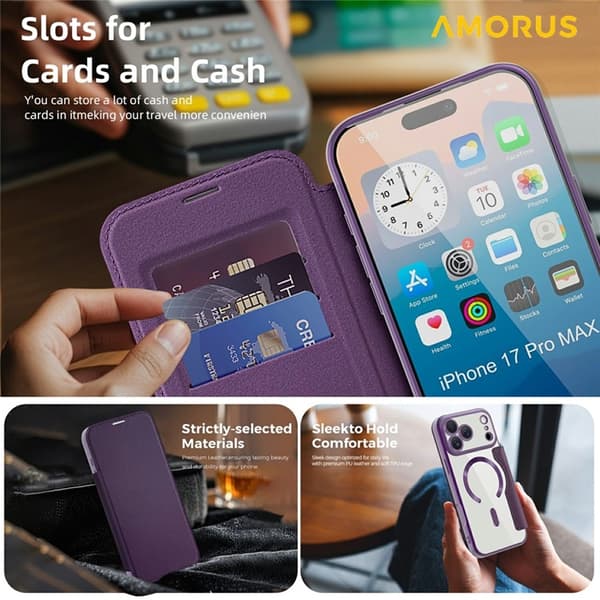 AMORUS iPhone 17 Pro Plånboksfodral MagSafe RFID-Skydd - Lila Lila
