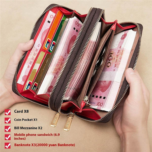 BANYANU Plånbok för Dam Lång Double Zipper N9012 Brun