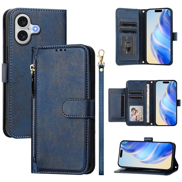 iPhone 17 Plånboksfodral Zipper Pocket Läder - Blå Blå