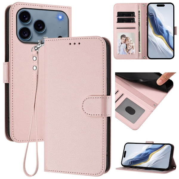 iPhone 17 Pro Max Plånboksfodral Läder med Handledsrem - Rosa Rosa