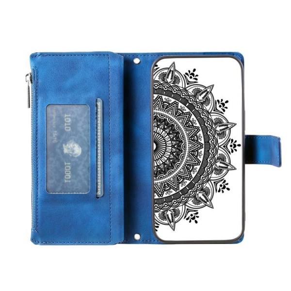 iPhone 15 Plus -lompakkokotelo Mandala Flower Imprinted - Sininen