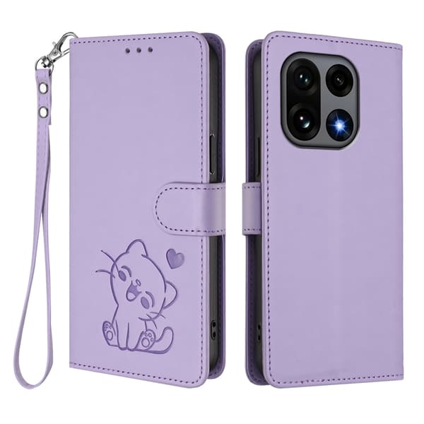 OnePlus 15 Konstläder Plånboksfodral Love Cat Pattern Imprint Lila